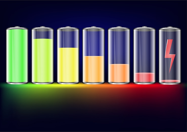 Vector battery levels set. full charged and discharged battery with colorful glow.