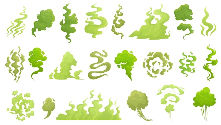 Vector bau asap. awan bau busuk, aroma bau hijau, dan set ilustrasi kartun asap bau.