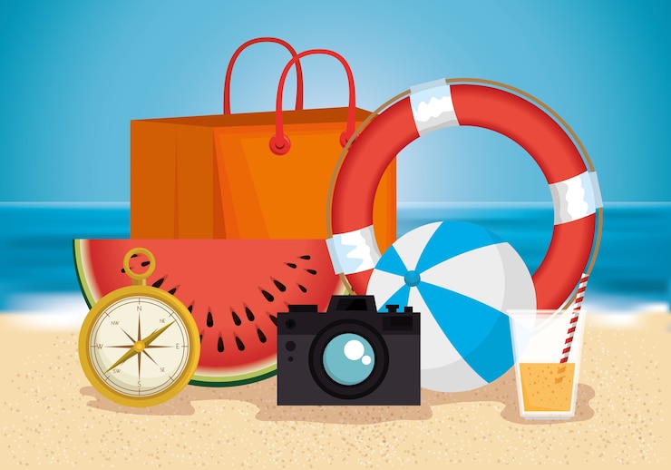 Vector beach with summer holidays icons