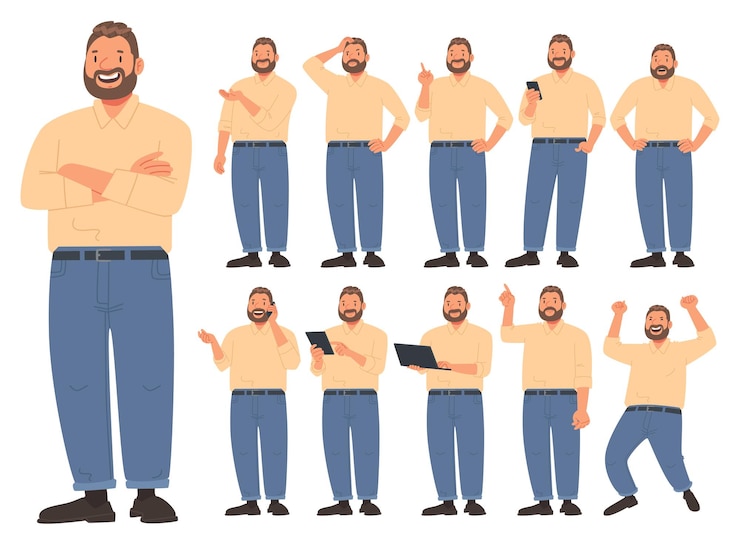 Vector bearded friendly stocky man various activities white background guy uses gadgets_ai_generated