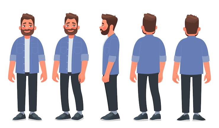 Vector bearded man in casual clothes the guy is view from the front from the side and from the back