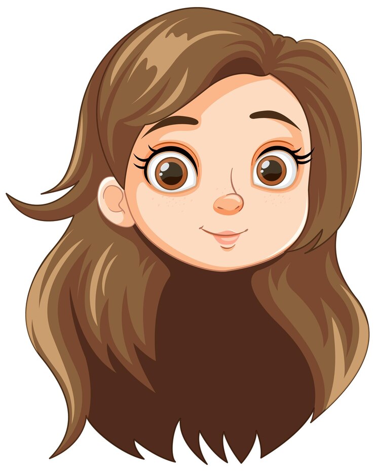 Vector beautiful cartoon girl with long brown hair