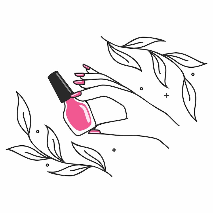 Vector beautiful female hand holds bottle of pink nail polish beauty illustration on theme of manicure stylish logo for beauty salon