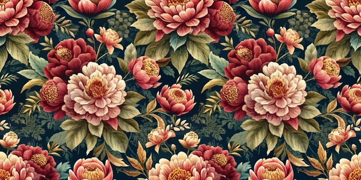 Beautiful floral pattern featuring peonies in rich colors on a dark background