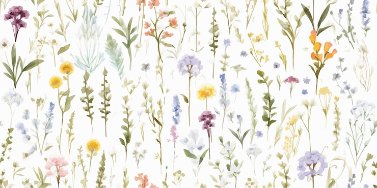 Beautiful floral seamless pattern with hand drawn watercolor wild herbs and flowers Modern floral