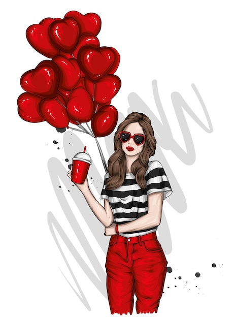 Beautiful girl in stylish clothes and balloons in the form of hearts Valentines Day and Love
