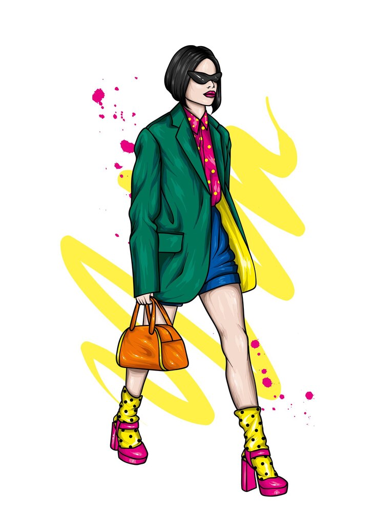 Vector beautiful girl in stylish clothes fashionable jacket shorts bag and shoes fashion and style acc
