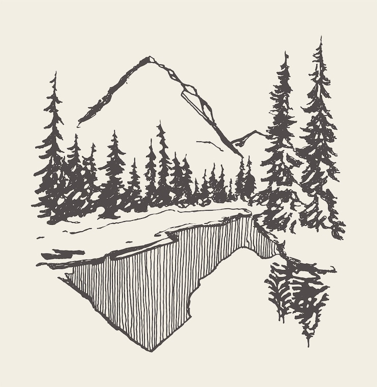 Vector beautiful landscape with mountain, spruce forest and lake