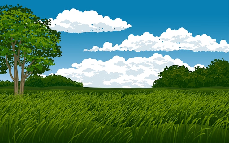 Vector beautiful savanna with cloudy blue sky