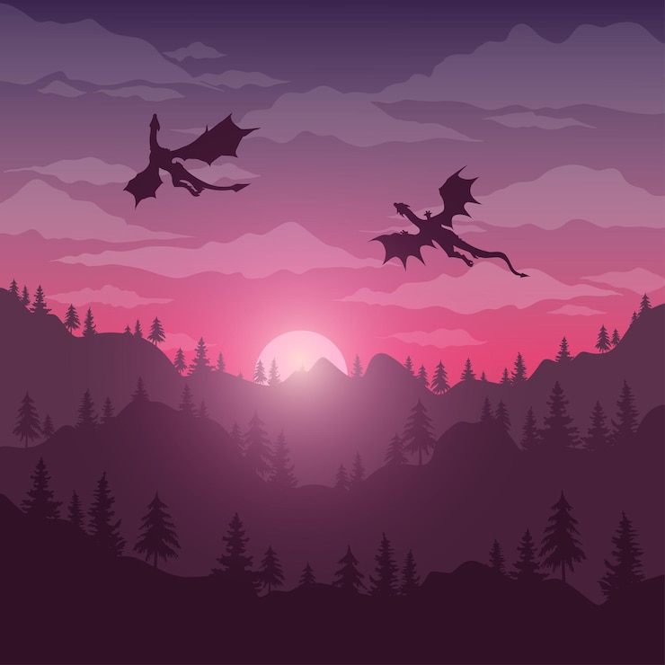 Vector beautiful view of two dragons over mountains and forest before sunrise house of the dragon wallpaper