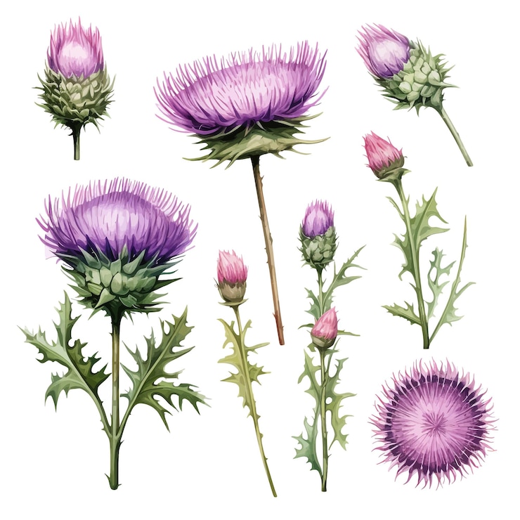 Vector beautiful watercolor thistle flowers clipart and leaves watercolor floral elements