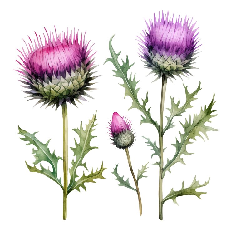 Vector beautiful watercolor thistle flowers clipart and leaves watercolor floral elements