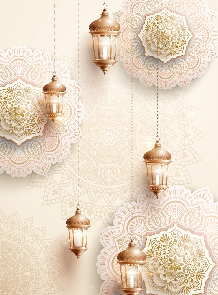 Vector beautiful white arabesque decorations with hanging lanterns