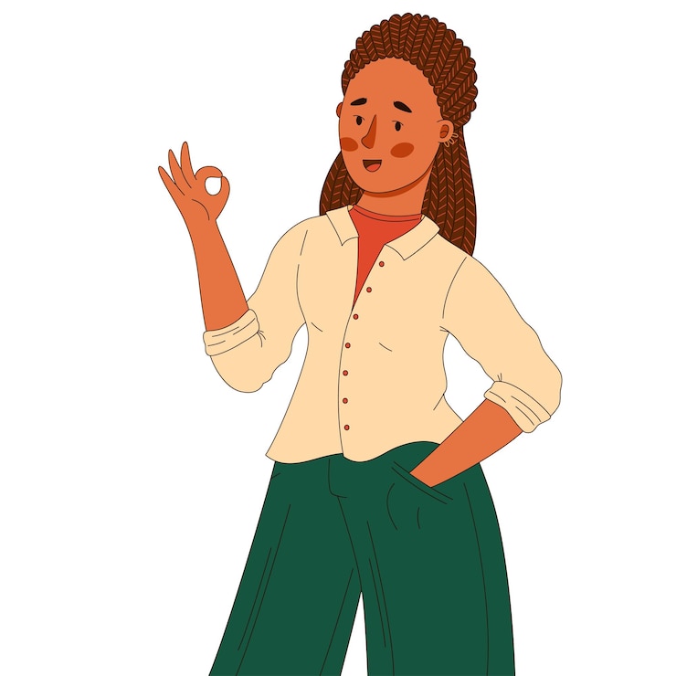 Vector beautiful woman is showing a gesture okay ok in shirt and pants with afro braids