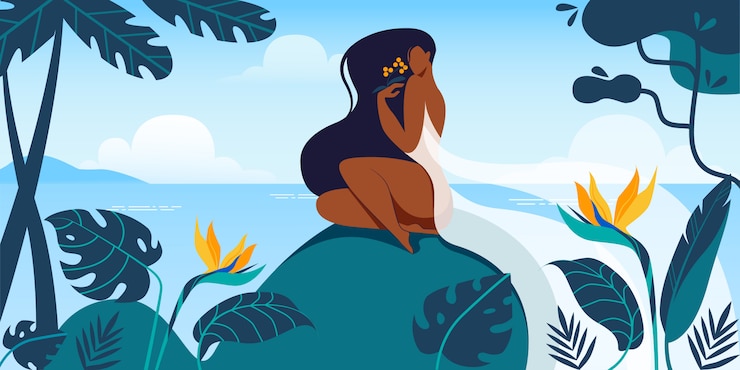 Vector beautiful woman sitting on big rock near seaside