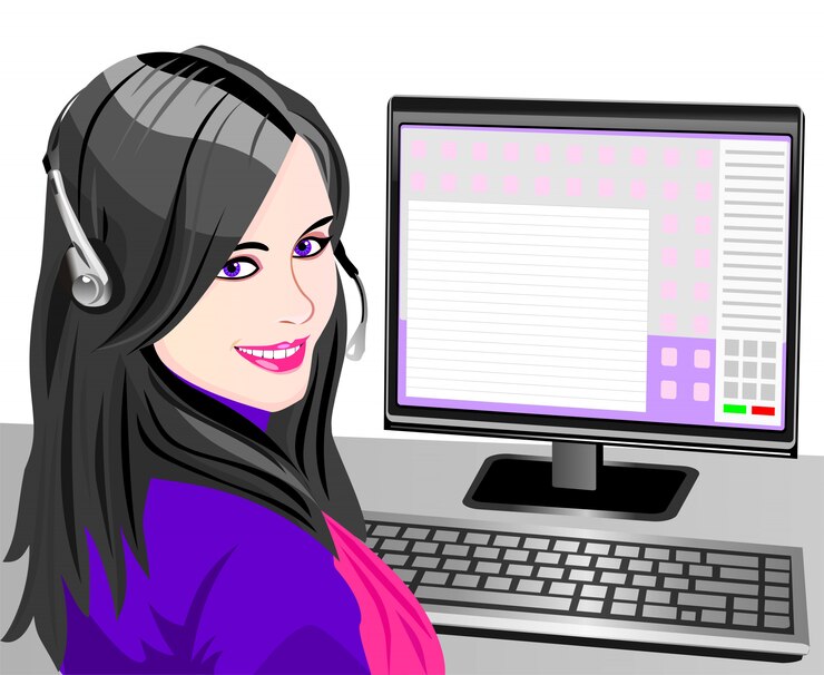 Vector beautiful young girl smiling brunette phone operator in headphones