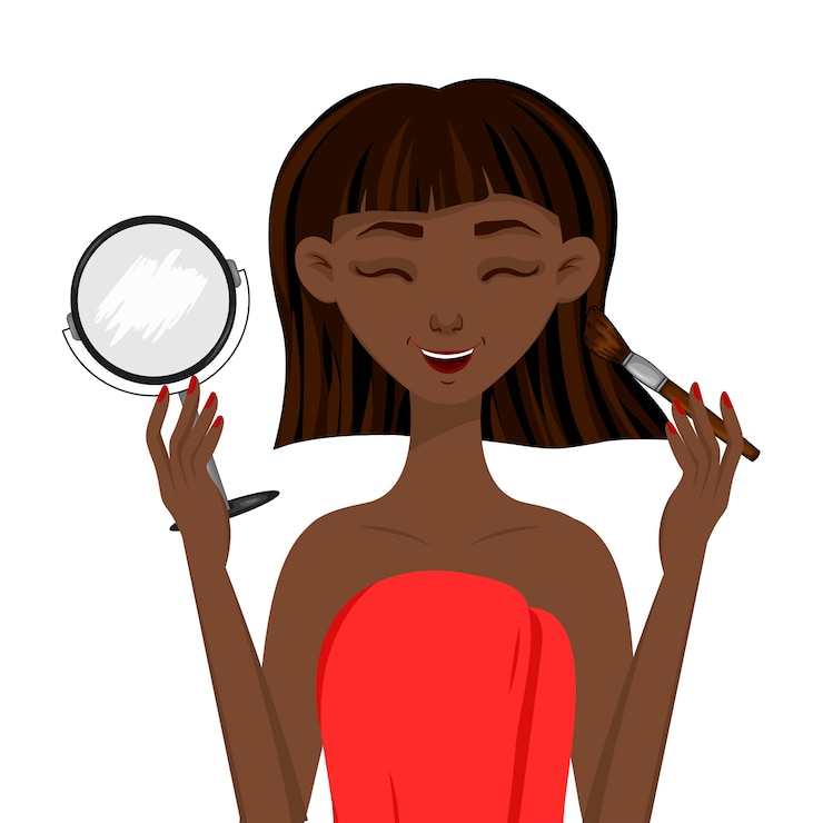Vector beauty african woman causes blush in front of the mirror. cartoon style. 