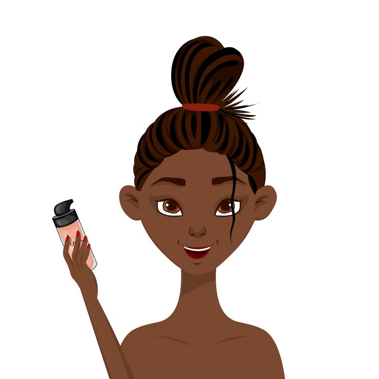 Vector beauty african woman holding a bottle with foundation in his hand cartoon style vector illustration