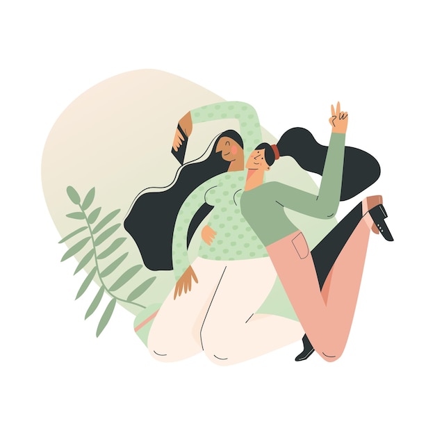 beauty blogger portrait of young cute funny girls doing selfie with smartphone. eco natural green blogging and vlogging concept. character creating content. flat vector cartoon illustration