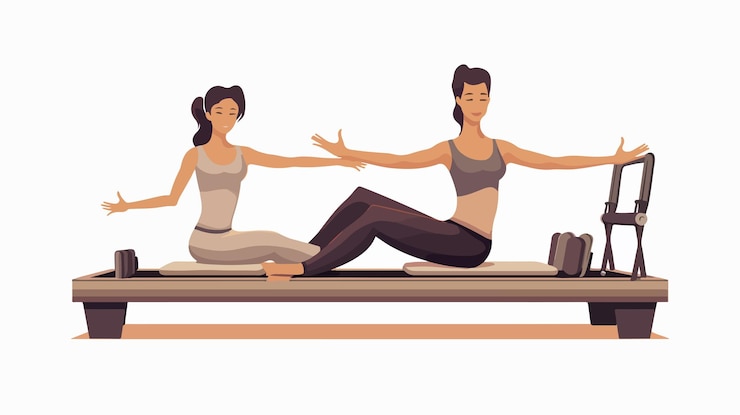 Vector beauty girls couple practicing pilates position wellness and fitness lifestyle