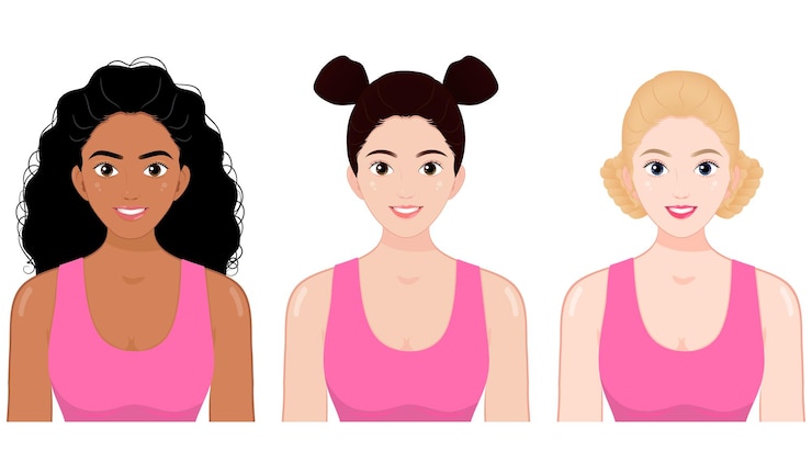 Vector beauty portrait of three young multiracial women american african asian girl with white background