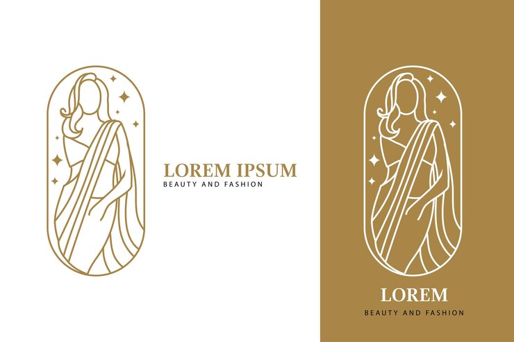 Beauty woman wearing modern saree dress indian logo design template line style