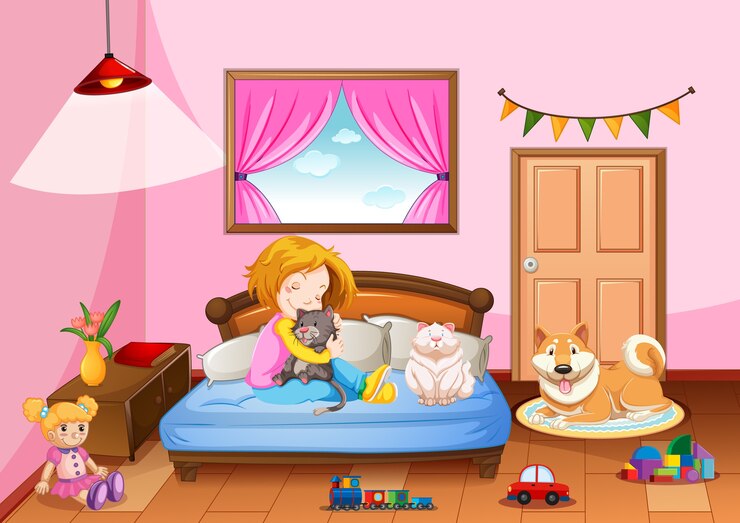 Vector bedroom of girl in pink color theme with a girl and pet animal