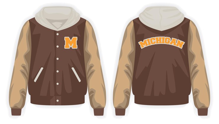 Vector beige brown varsity jacket front and back view vector mockup illustration