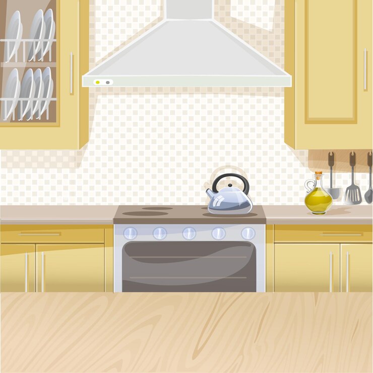 Vector beige interior of kitchen with stove and cupboards