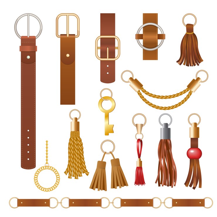 Vector belt elements. fashion leather chains fabric furniture elegant jewelry for clothes  collection