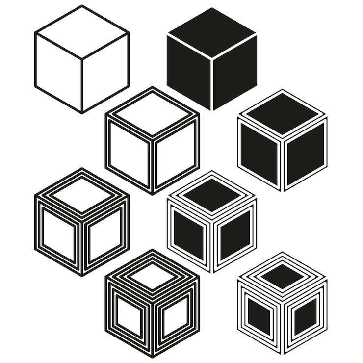 Vector berbagai kubus 3d dalam perspektif berbeda set bentuk geometris elemen blok abstrak