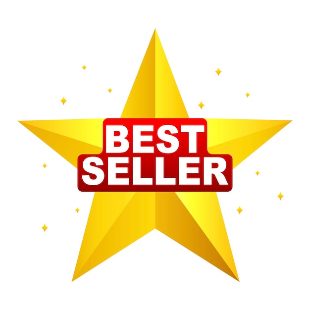 Bestseller with gold star and red ribbon premium award emblem Vector illustration