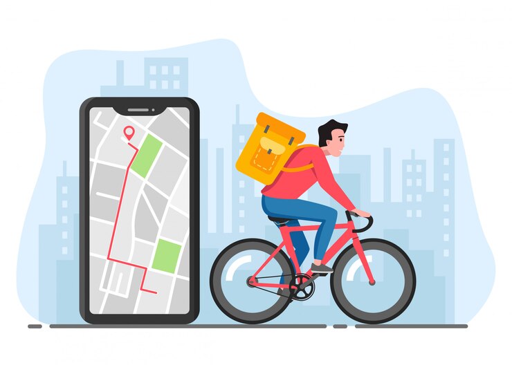 Bicycle delivering service. Man riding bicycle with box in big city. Delivery and navigation application