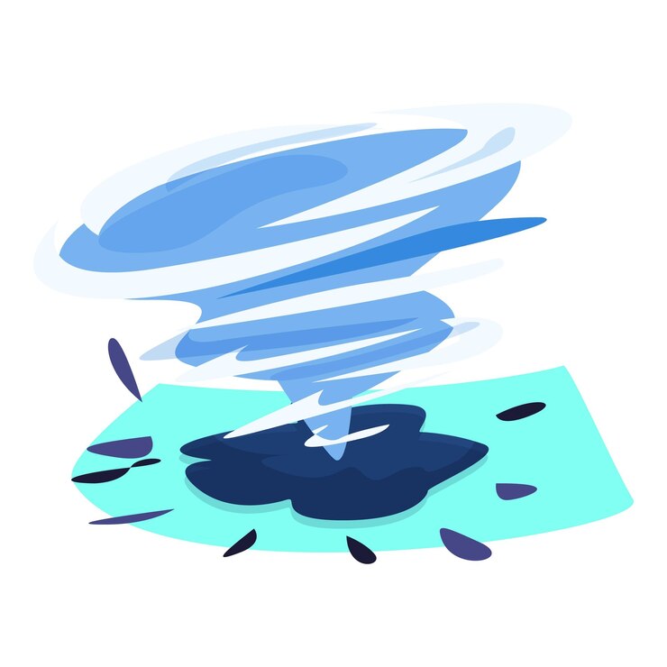 Vector big blue tornado rotating over land creating chaos