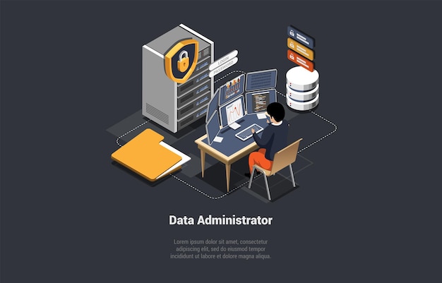Big Data Administrator Concept Server Room With Hardware Racks or Web Hosting Infrastructure Character Controls of Working Big Data Storage and Cloud Computing Isometric 3d Vector illustration