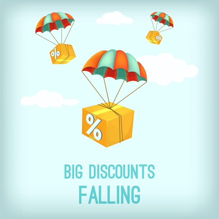 Vector big discount falling concept package flying on parachute air shipping delivery service vector
