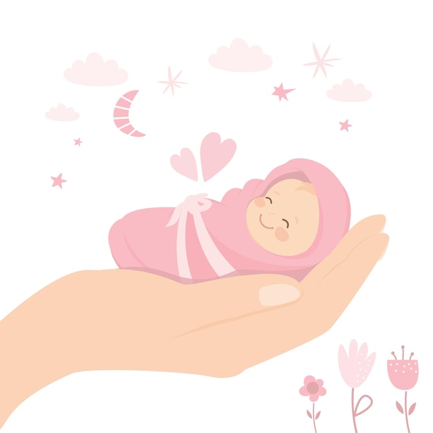 Big hand holding newborn baby girl Medical and child care Insurance concept background vector