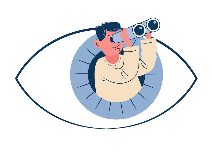 Big human eye and a man with binoculars Business goal search concept The eyes look ahead