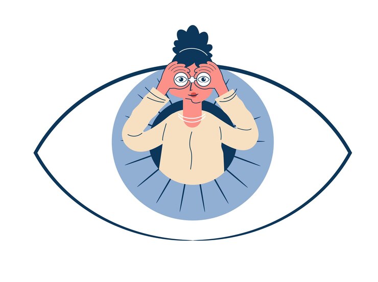 Big human eye and woman with binoculars Business goal search concept The eyes look ahead