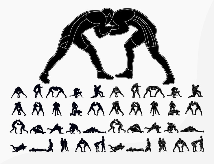 Big set 40 silhouettes athlete wrestler in wrestling duel fight Greco Roman wrestling martial art