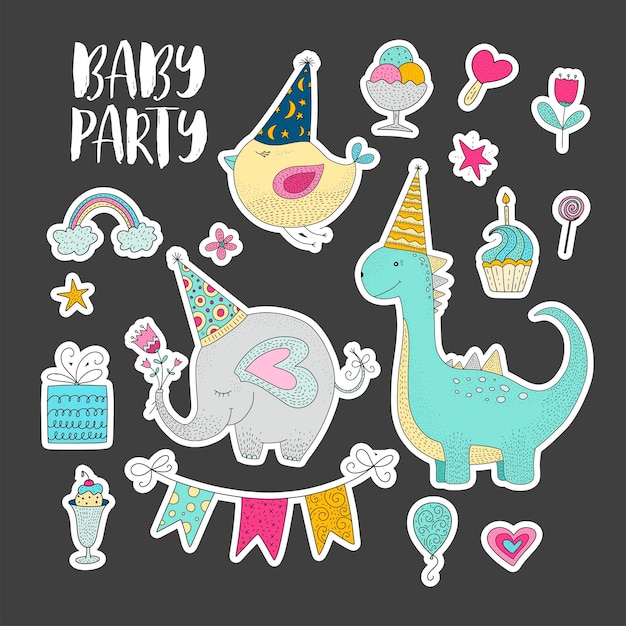 Big set of birthday party vector clip arts Cute hand drawn animals and cartoon elements