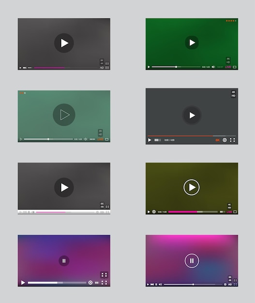 Big Set of Video Player Window with Menu and Buttons Panel in Vector User Interface Collection