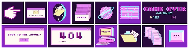 Big sticker set in trendy y2k style Old computer aestethic Retro pc elements user interface