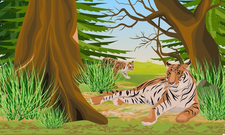 Vector big tigress and her cub rest in a dense coniferous forest animals of asia panthera tigris