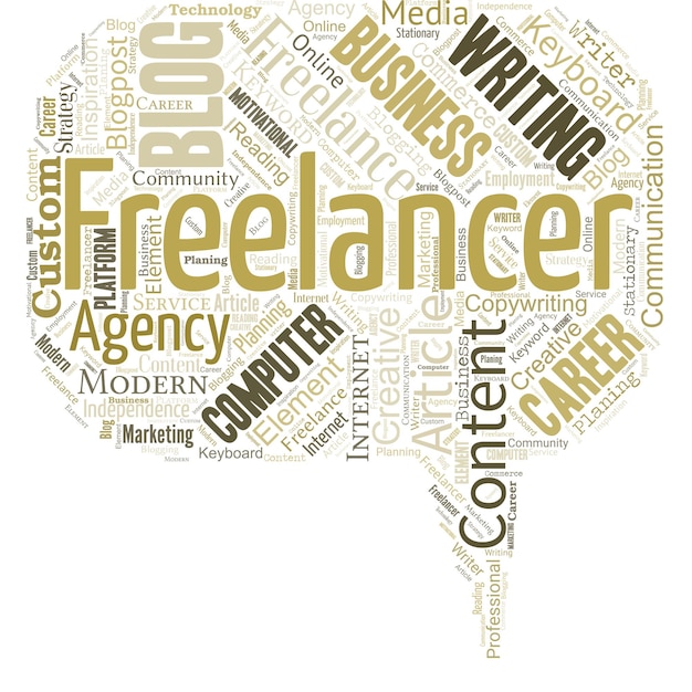 Big word cloud in the shape of dialox box with word freelancer Person who pursues a profession without a longterm commitment to any one employer