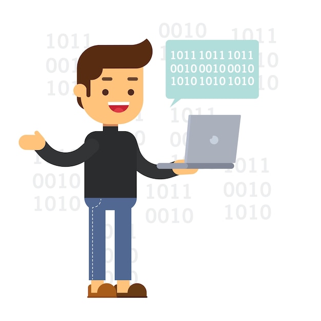 binary coding happy programmer man with laptop