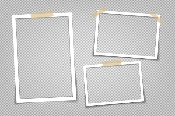 Vector bingkai foto kosong dengan efek bayangan. desain mockup bingkai foto vektor. super set bingkai foto pada selotip yang diisolasi pada ilustrasi vektor latar belakang transparan