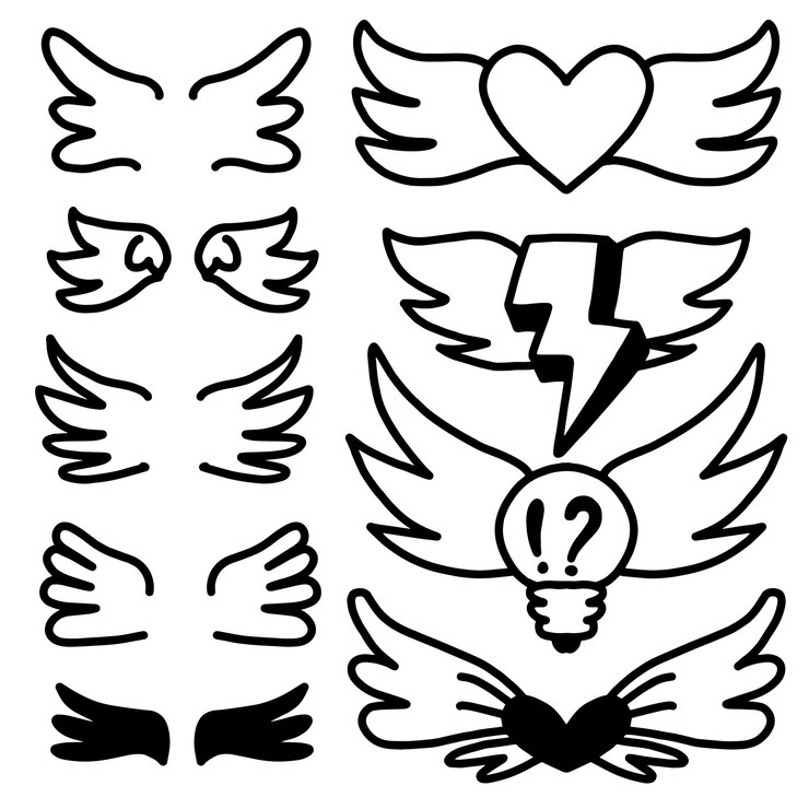 Bird and angel wingsCartoon doodle bird wings in different styles