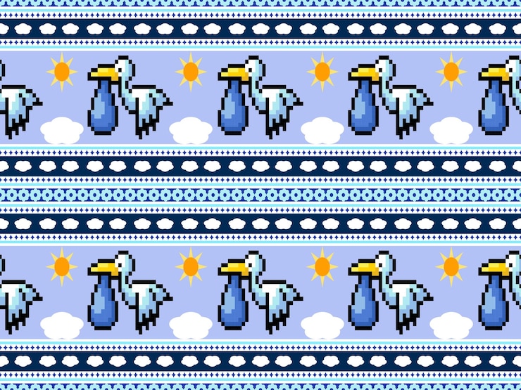 Vector bird cartoon character seamless pattern on blue backgroundpixel style