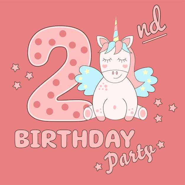 Birthday invitation for 2 year Happy second birthday Magical baby unicorn horse greeting card